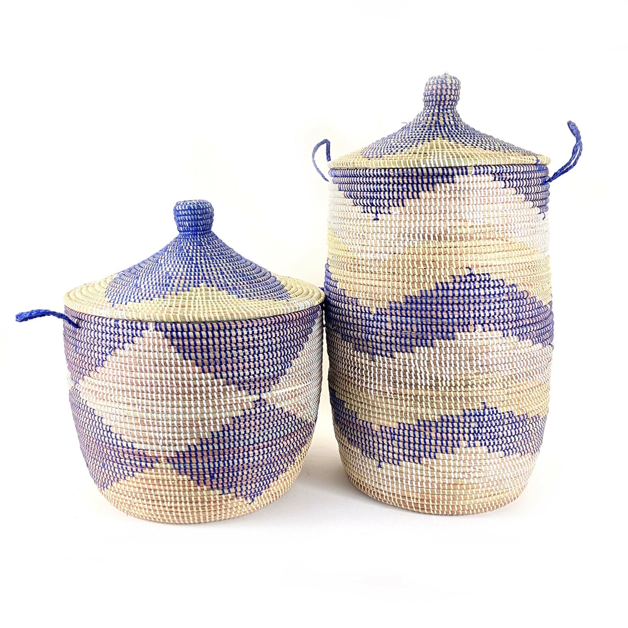 Handwoven Low Storage Basket, Blue Chevron