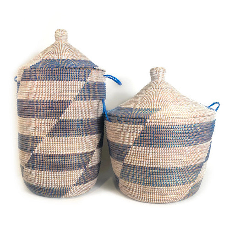 Handwoven Low Storage Basket, Blue Stripe