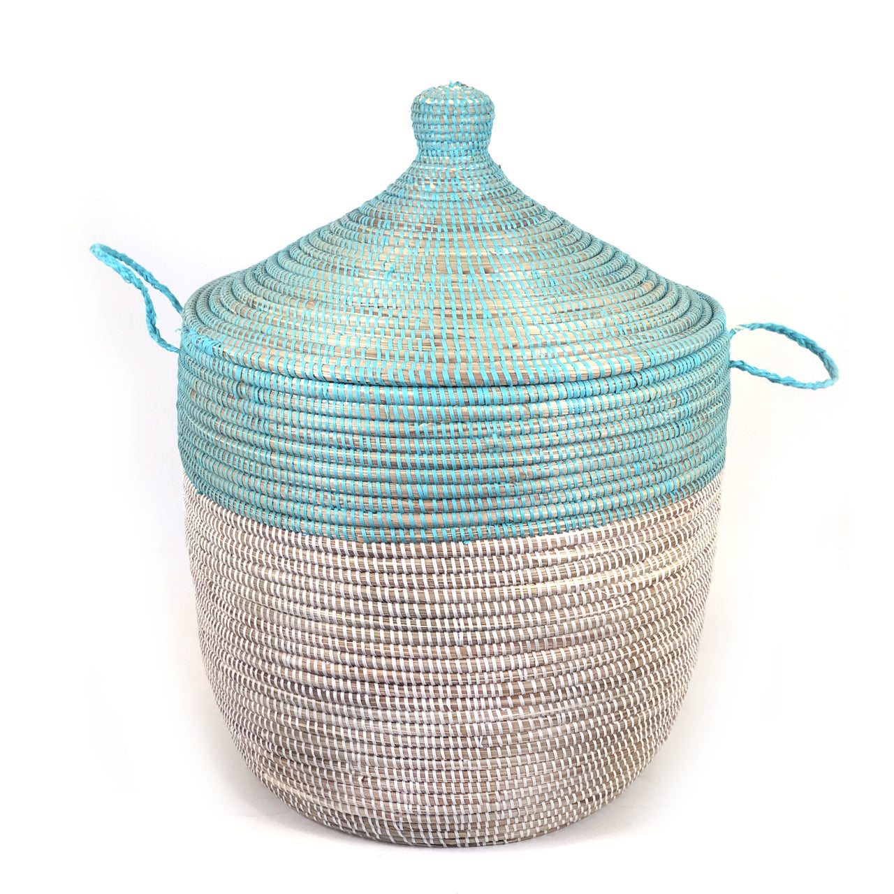 Handwoven Two-Tone Low Basket, Turquoise