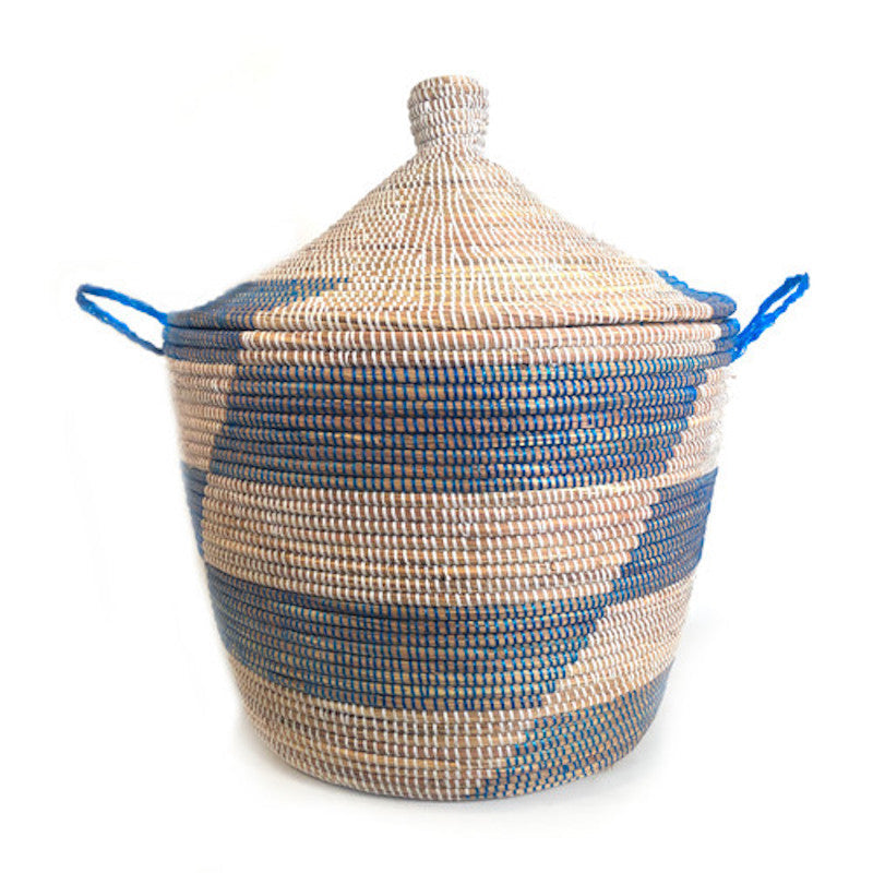 Handwoven Low Storage Basket, Blue Stripe
