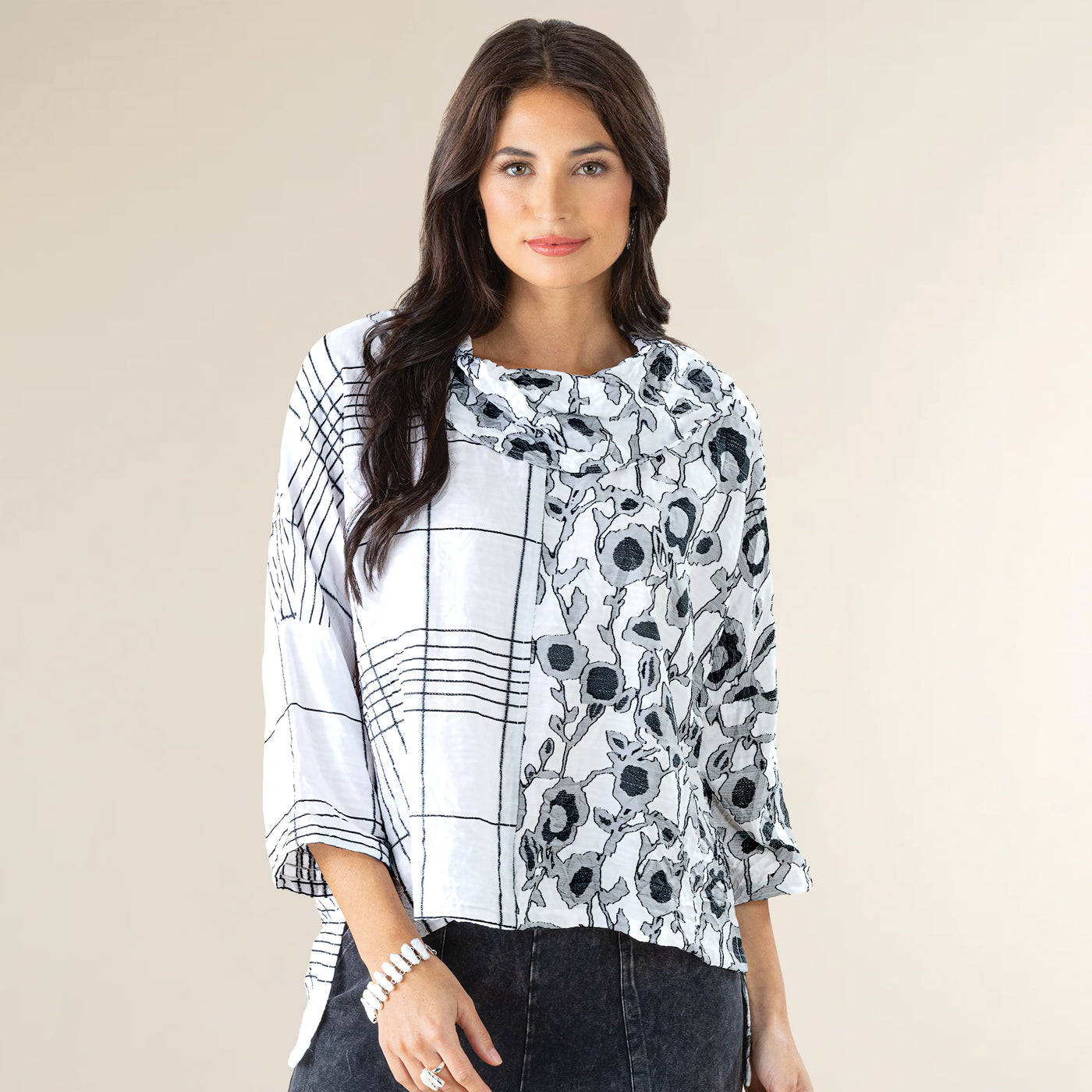 Cowl Neck Crinkle Jacquard Contrast Tunic