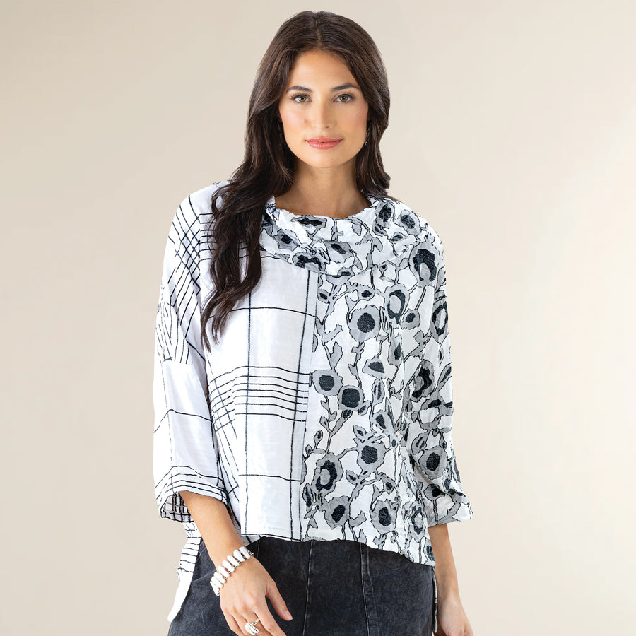 Cowl Neck Crinkle Jacquard Contrast Tunic