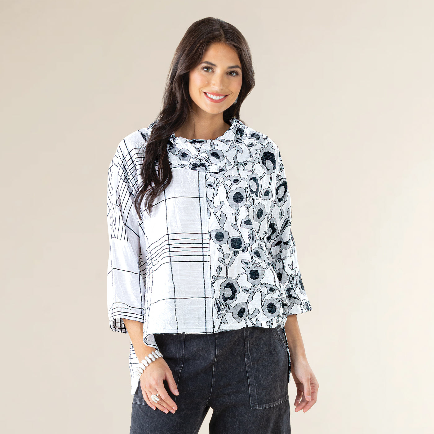 Cowl Neck Crinkle Jacquard Contrast Tunic