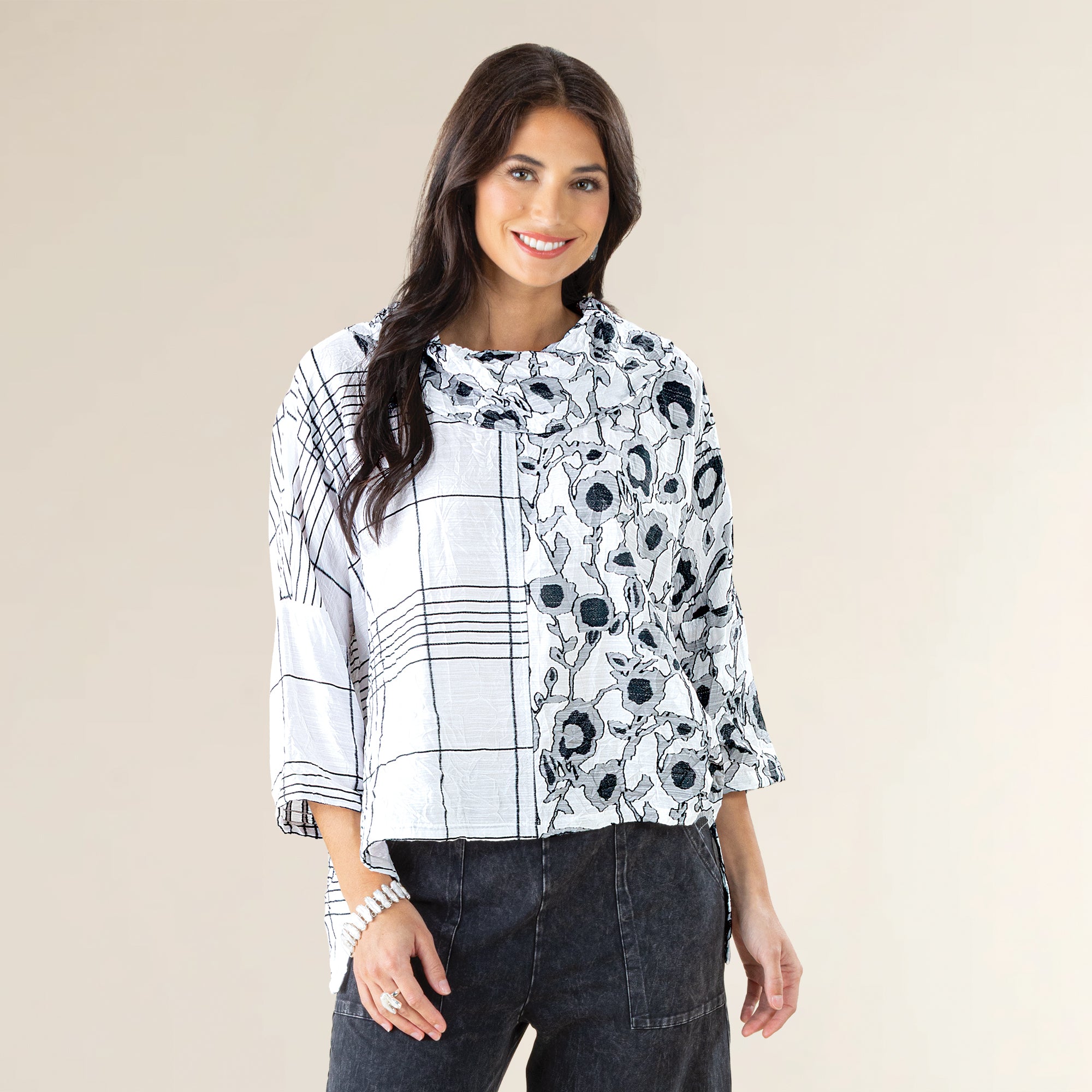 Cowl Neck Crinkle Jacquard Contrast Tunic