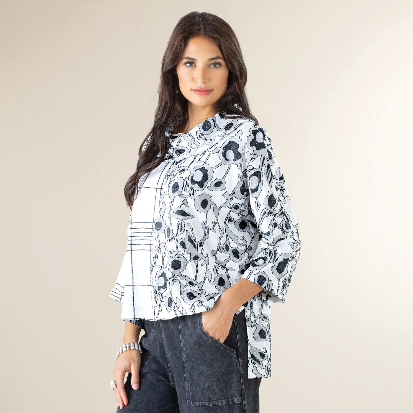 Cowl Neck Crinkle Jacquard Contrast Tunic