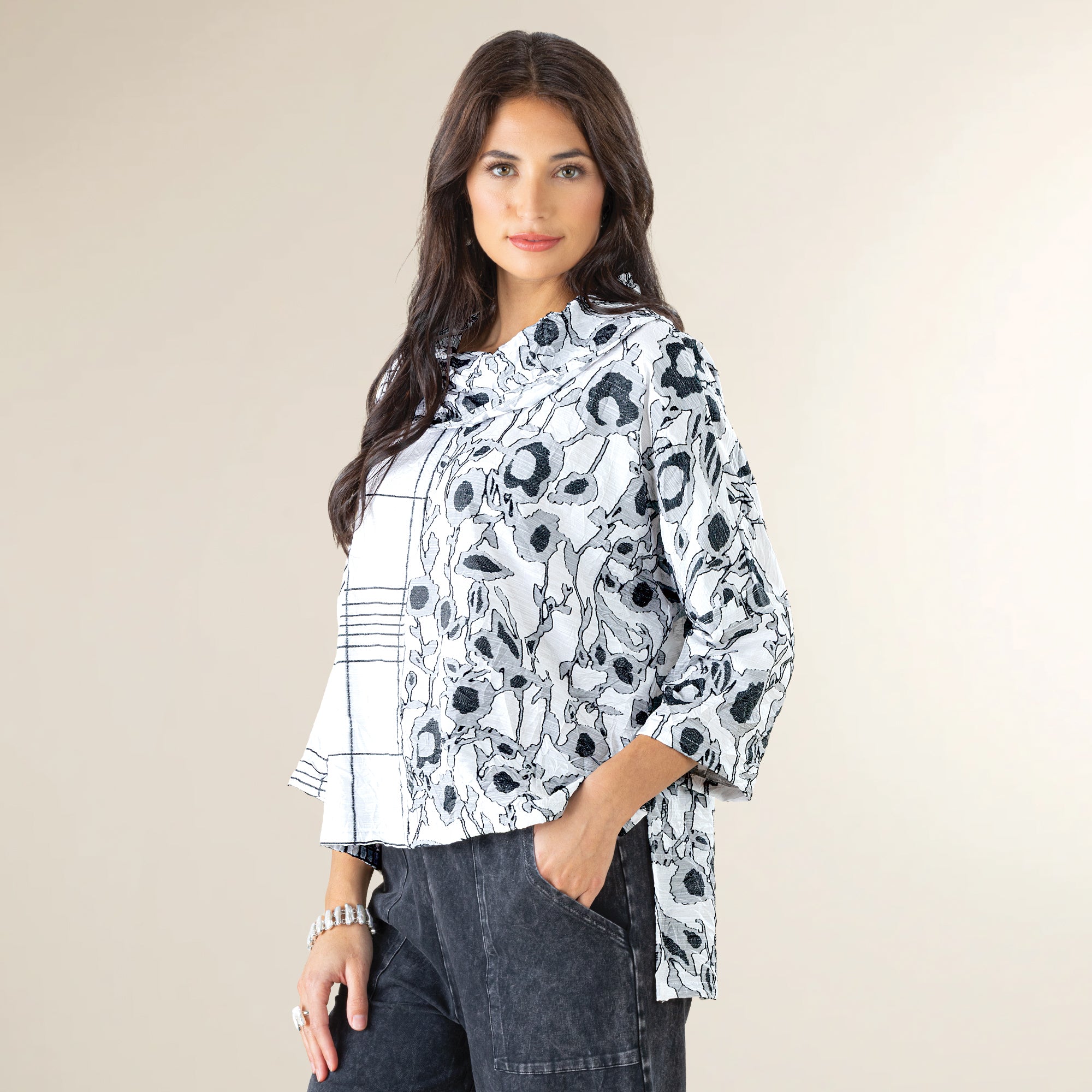 Cowl Neck Crinkle Jacquard Contrast Tunic