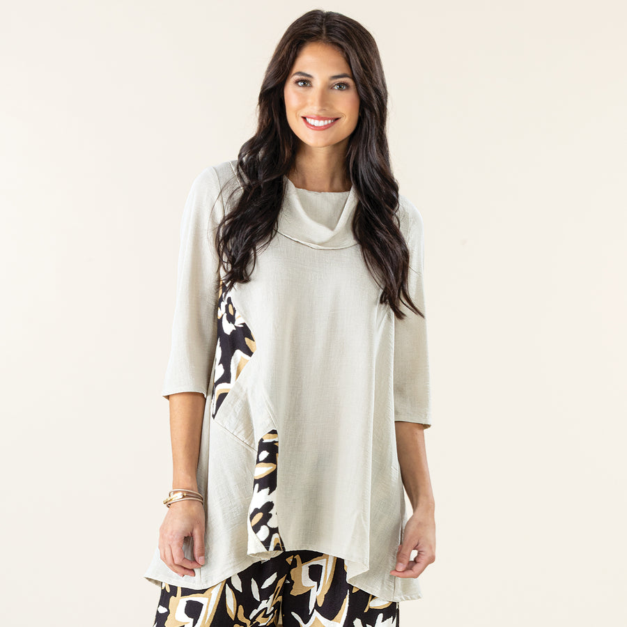 Sahara Flower Contrast Cowl Neck Cream Tunic