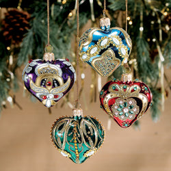 Jewel-Toned Sparkling Heart Ornaments Set Of 4 | Uno Alla Volta