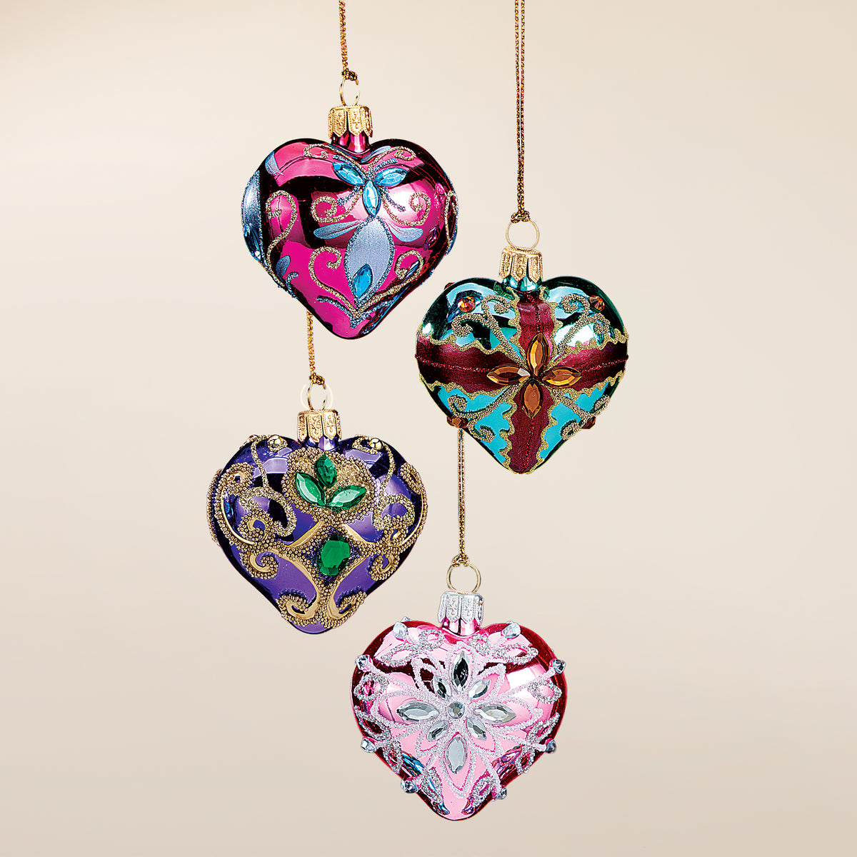 Sparkling Mini Heart Glass Ornaments, Set of 4