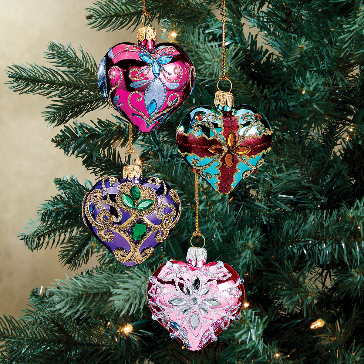 Sparkling Mini Heart Glass Ornaments, Set of 4