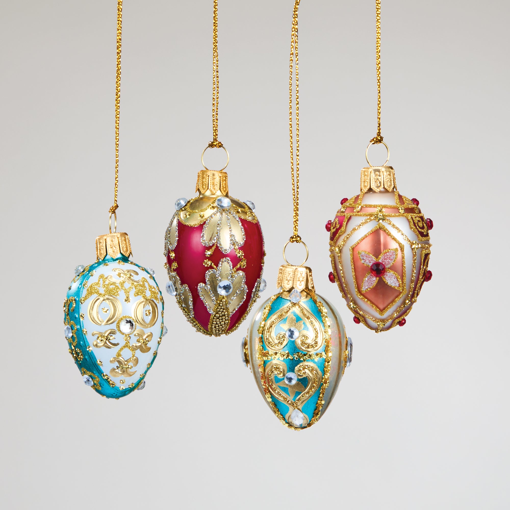 Sparkling Red & Teal Glass Egg Ornaments Set of 4