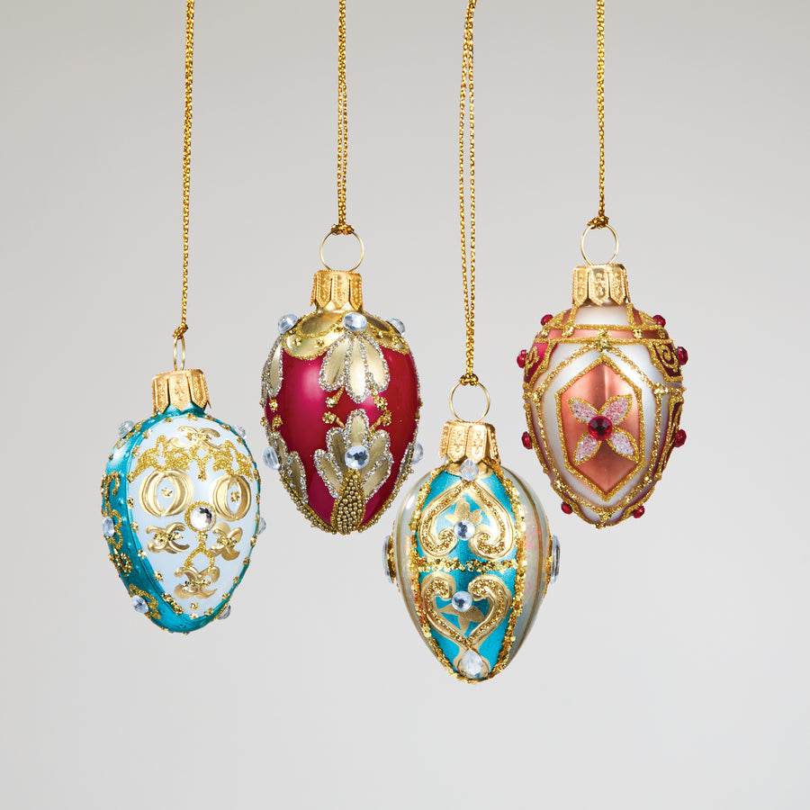 Sparkling Red & Teal Glass Egg Ornaments Set of 4