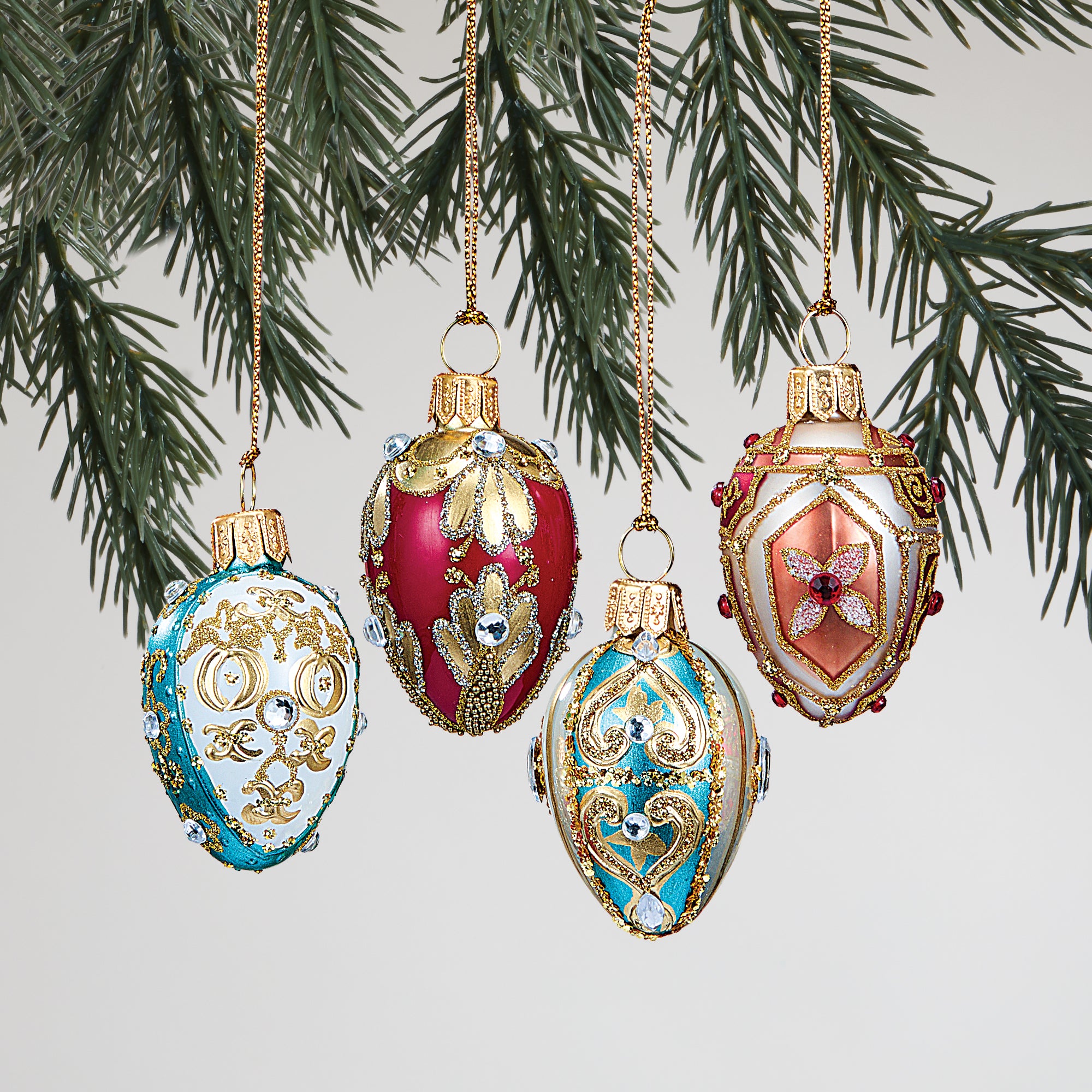 Sparkling Red & Teal Glass Egg Ornaments Set of 4