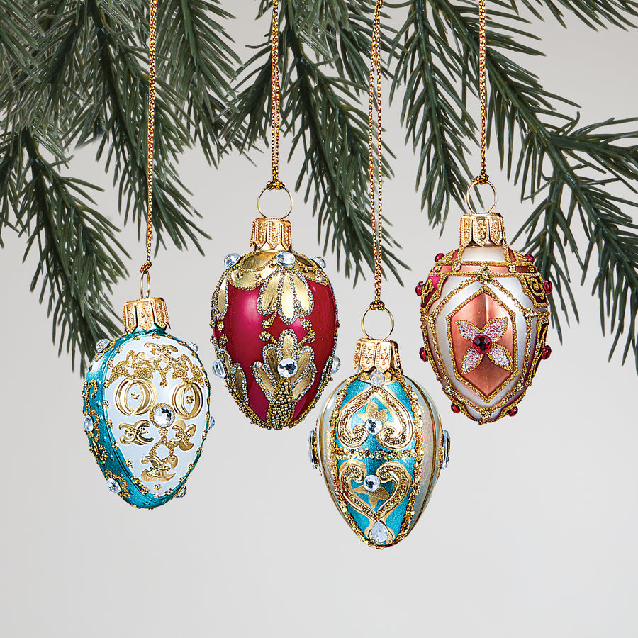 Sparkling Red & Teal Glass Egg Ornaments Set of 4