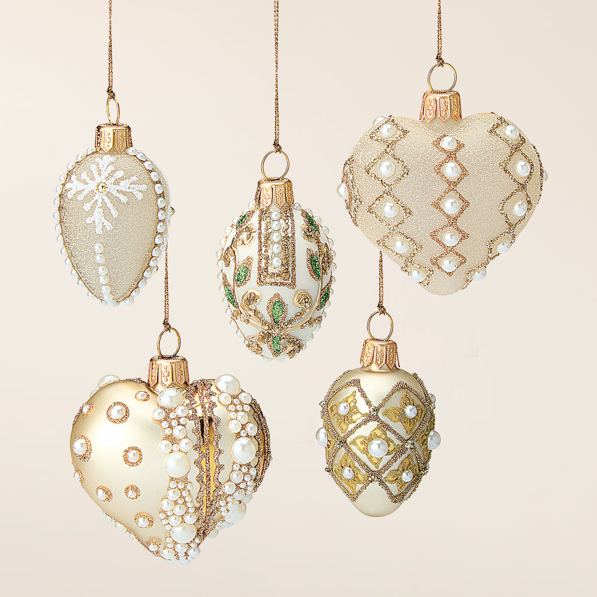 Sparkling Champagne & Pearl Ornaments, Set of 5