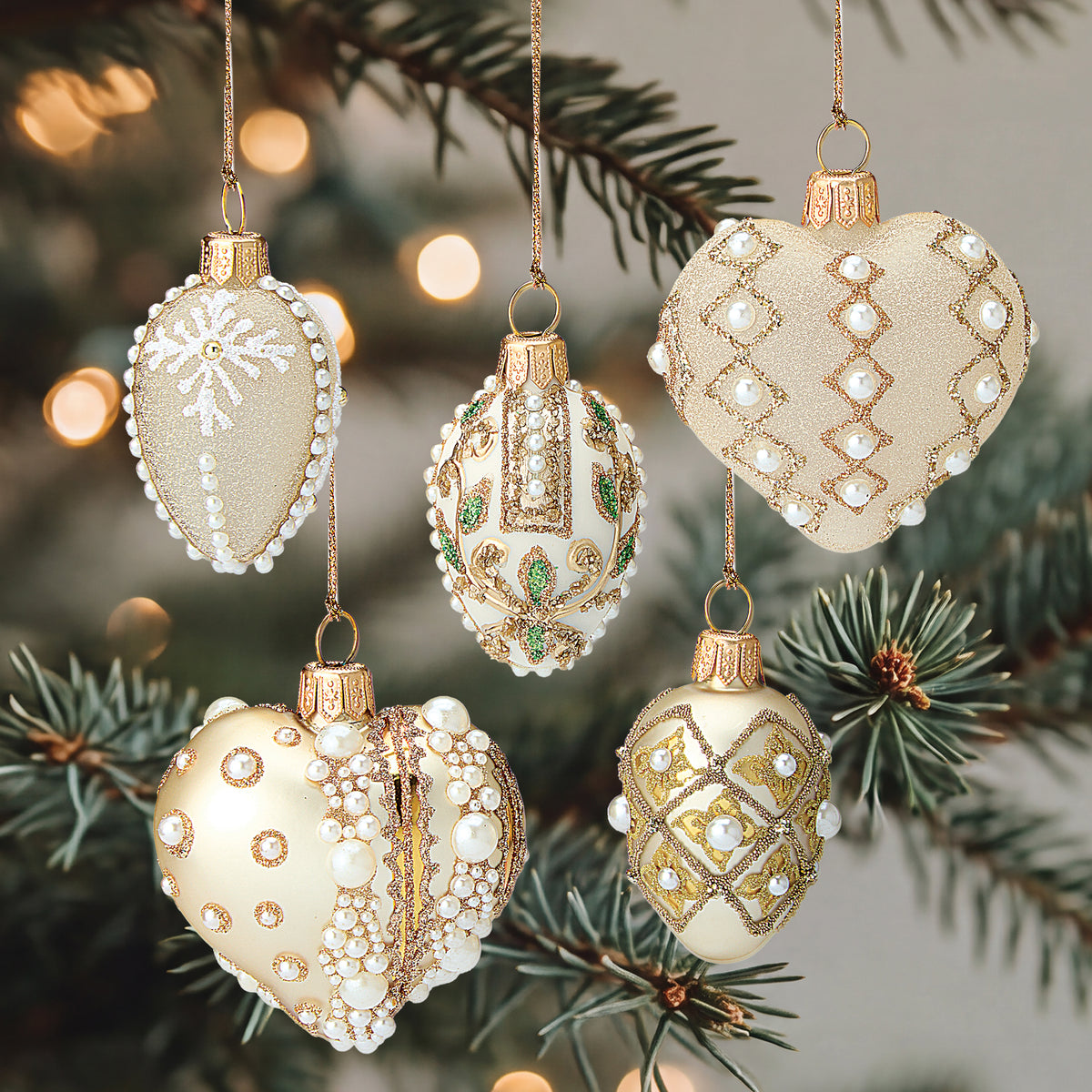 Sparkling Champagne & Pearl Ornaments, Set of 5
