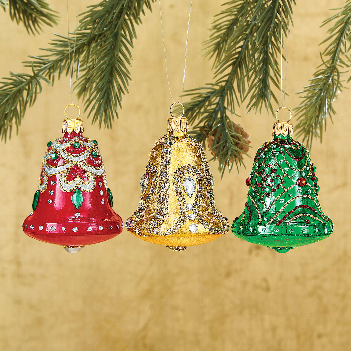 Crystal-Encrusted Bell Ornaments Set of 3