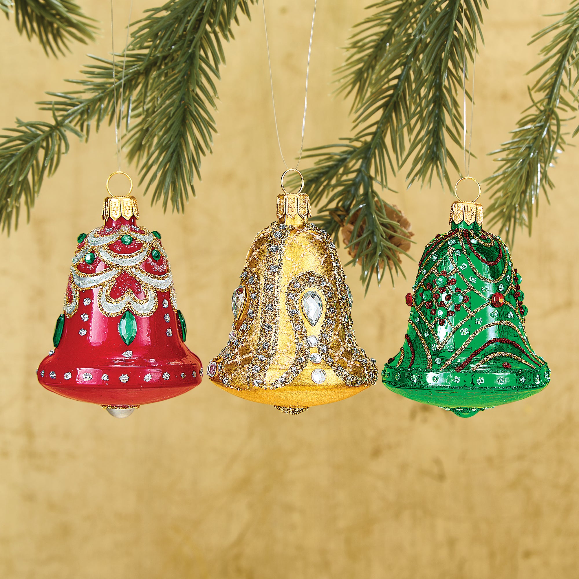 Crystal-Encrusted Bell Ornaments Set of 3
