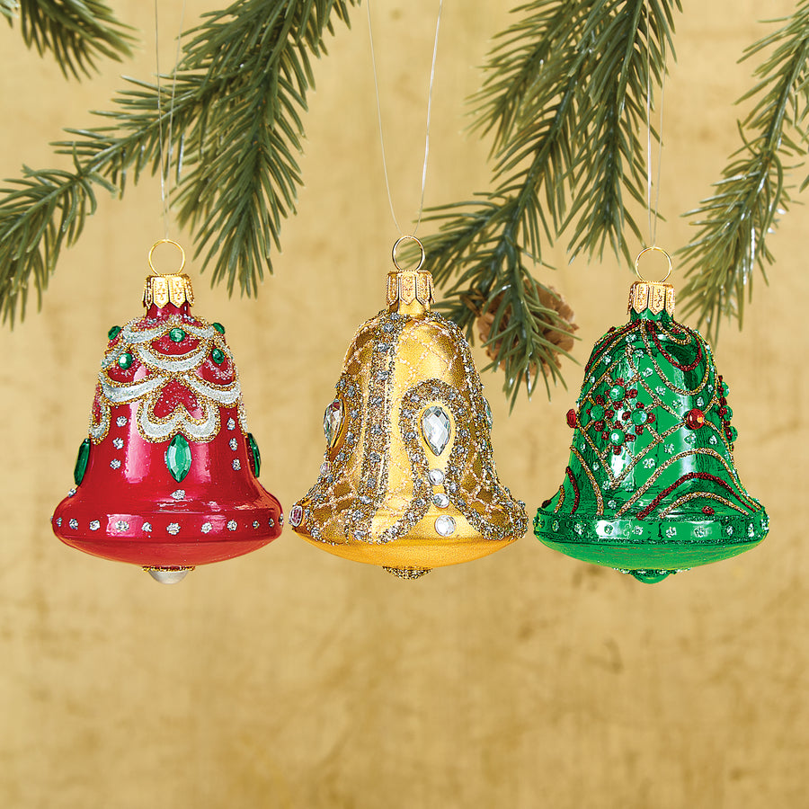 Crystal-Encrusted Bell Ornaments Set of 3