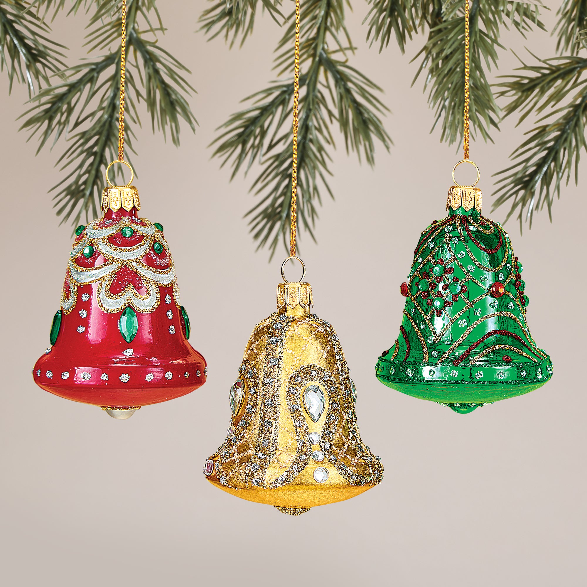 Crystal-Encrusted Bell Ornaments Set of 3