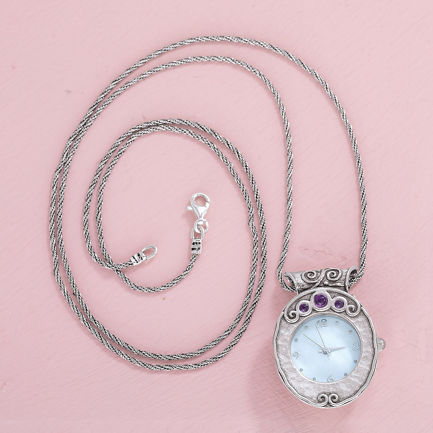 Sterling Silver Amethyst Accented Watch Necklace