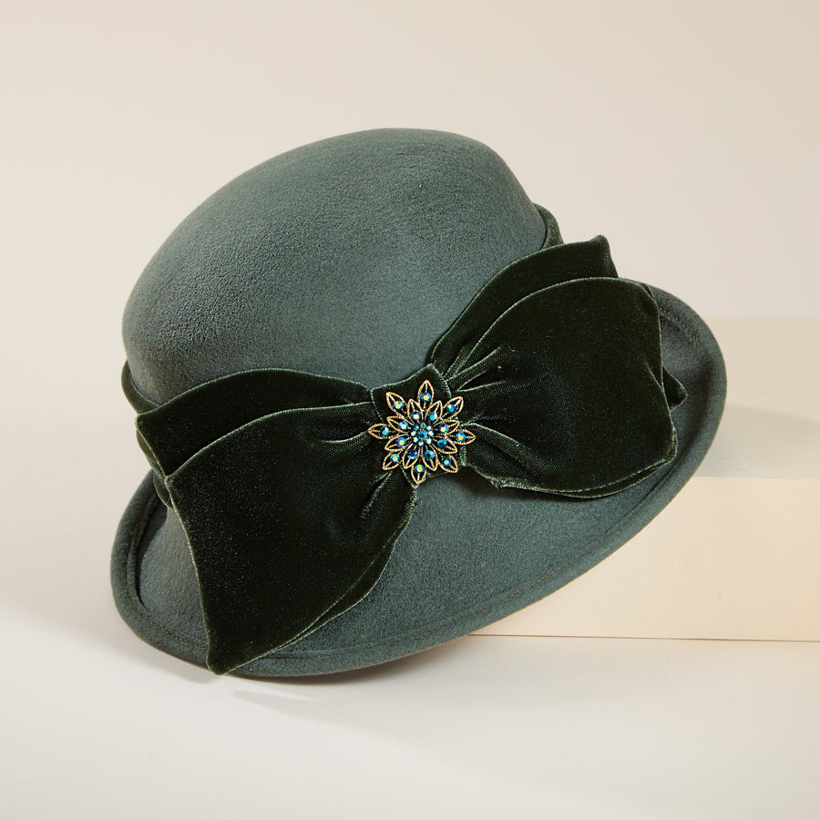 Glinda Velvet Bow Emerald Wool Cloche