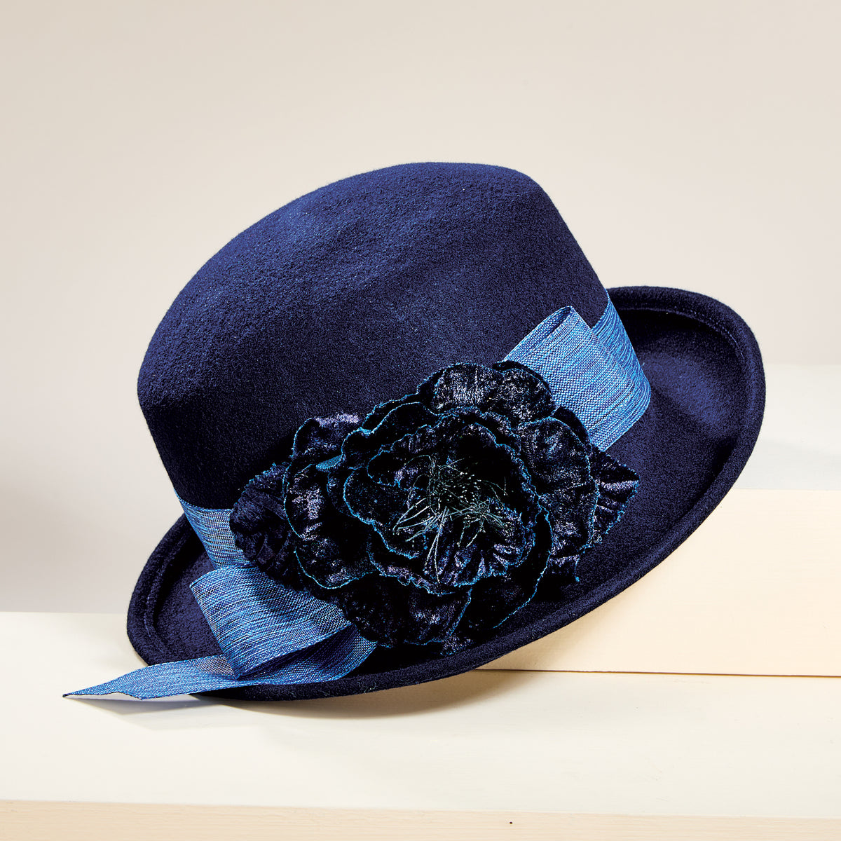 Amelia Navy Wool Floral Cloche (Preorder)