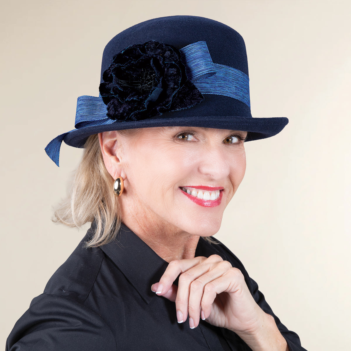 Amelia Navy Wool Floral Cloche (Preorder)