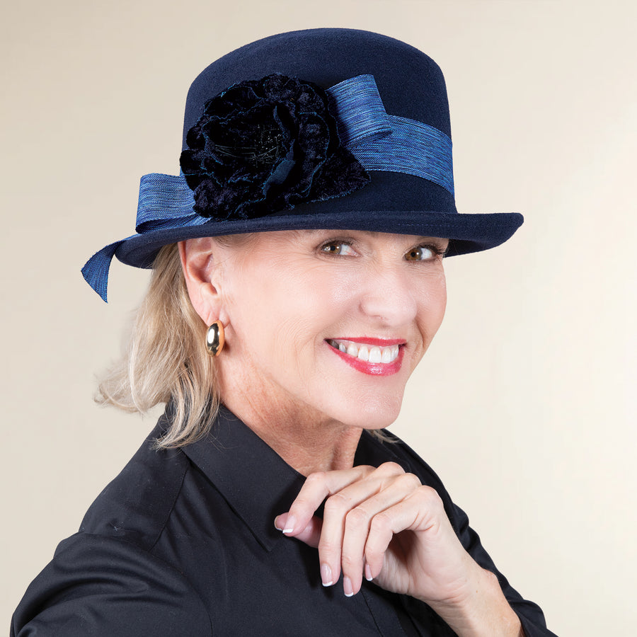 Amelia Navy Wool Floral Cloche (Preorder)