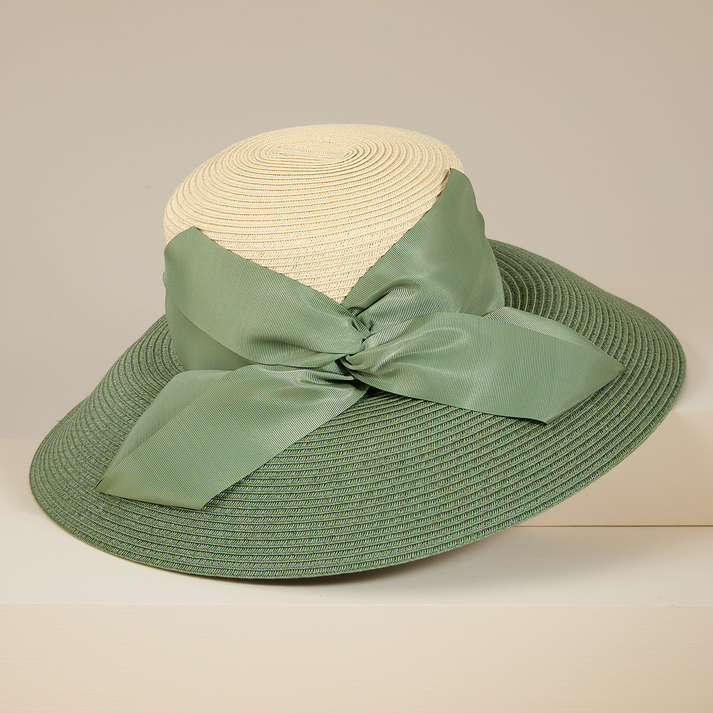 Astrid Two-Toned Tan & Sage Twist Bow Lampshade Hat
