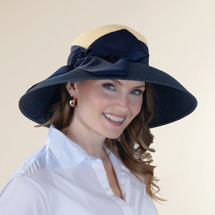 Astrid Two-Toned Tan & Navy Twist Bow Lampshade Hat