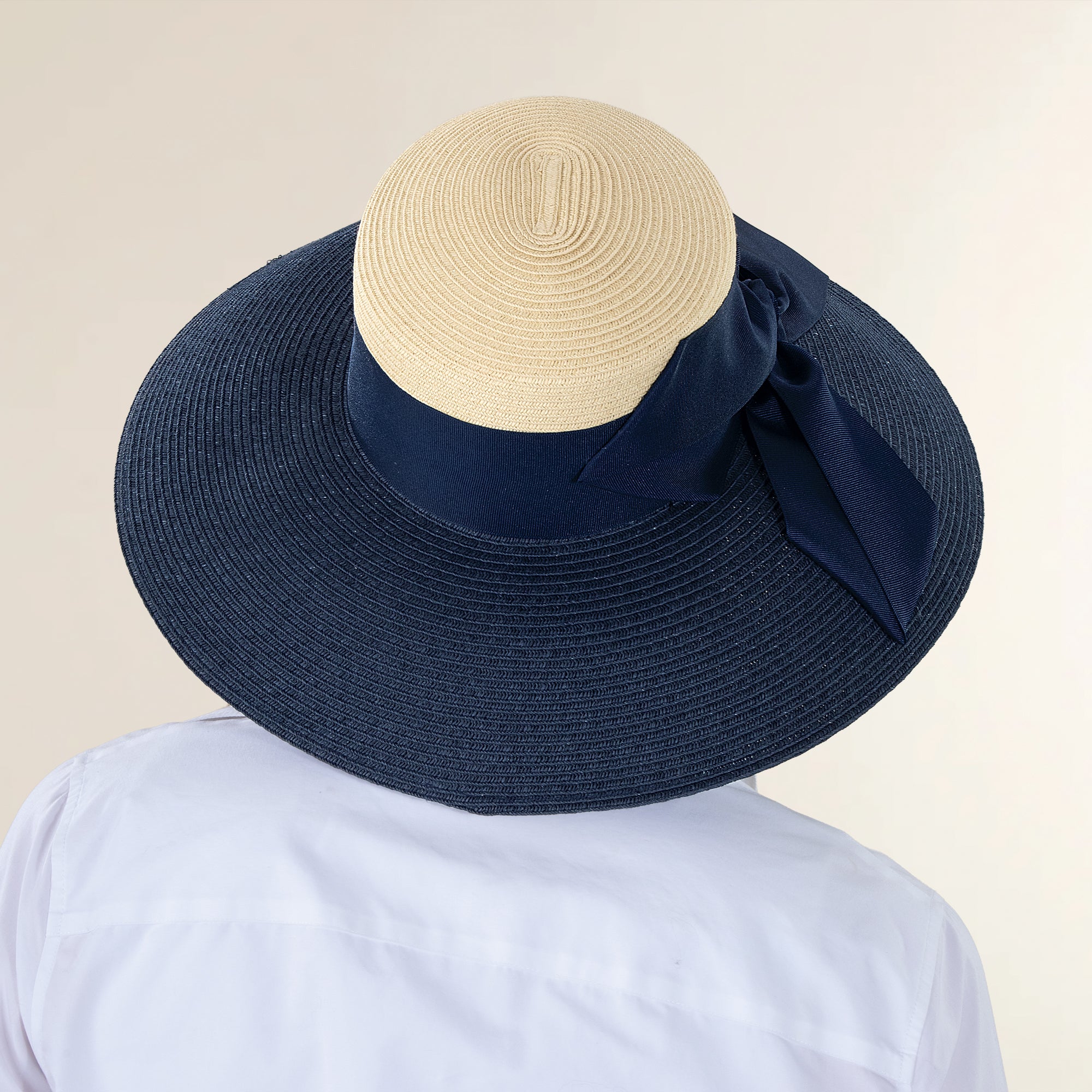 Astrid Two-Toned Tan & Navy Twist Bow Lampshade Hat