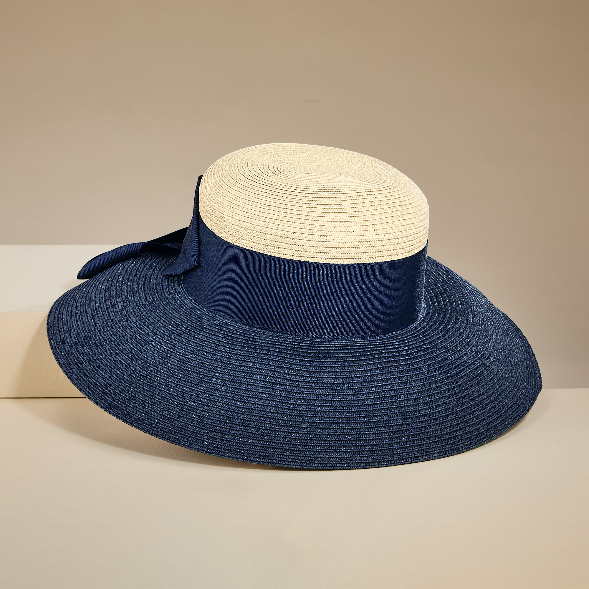 Astrid Two-Toned Tan & Navy Twist Bow Lampshade Hat