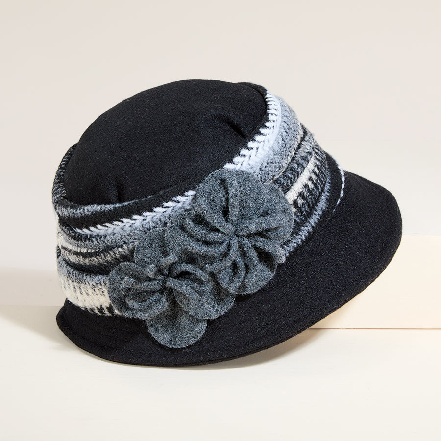 Lottie Black & Grey Twin Blossoms Wool Cloche