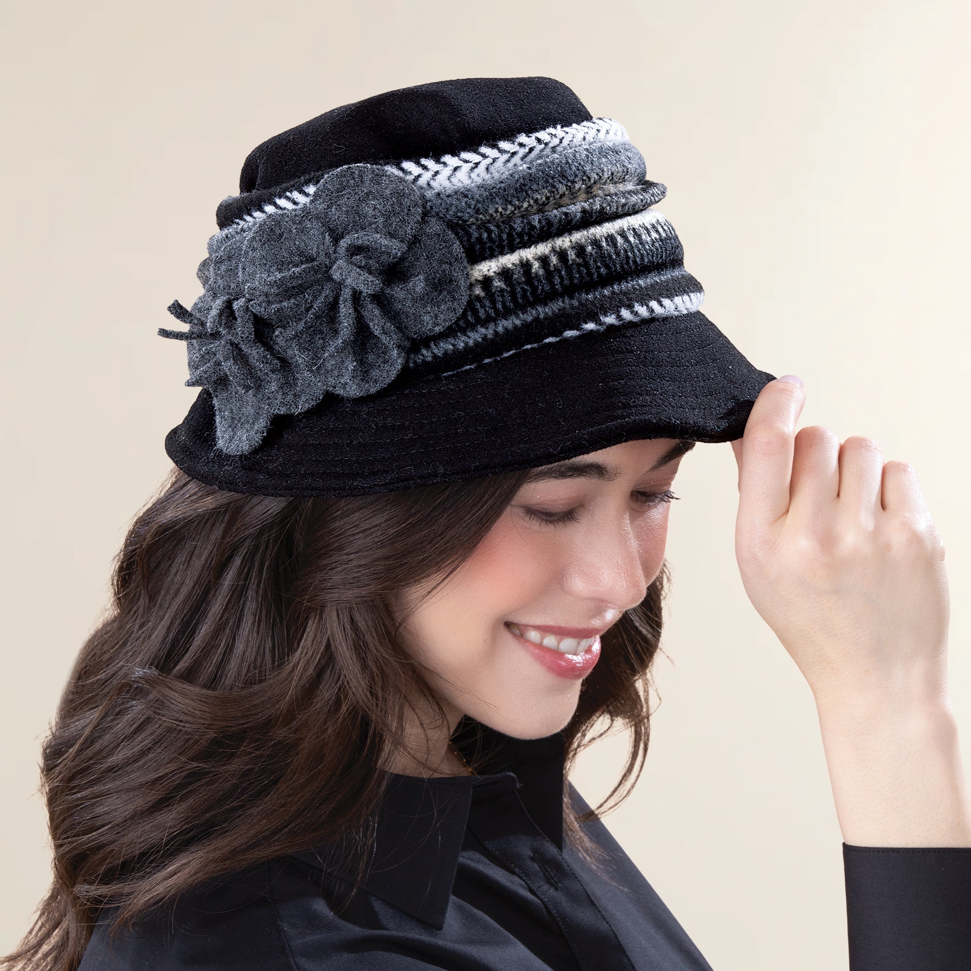 Lottie Black & Grey Twin Blossoms Wool Cloche