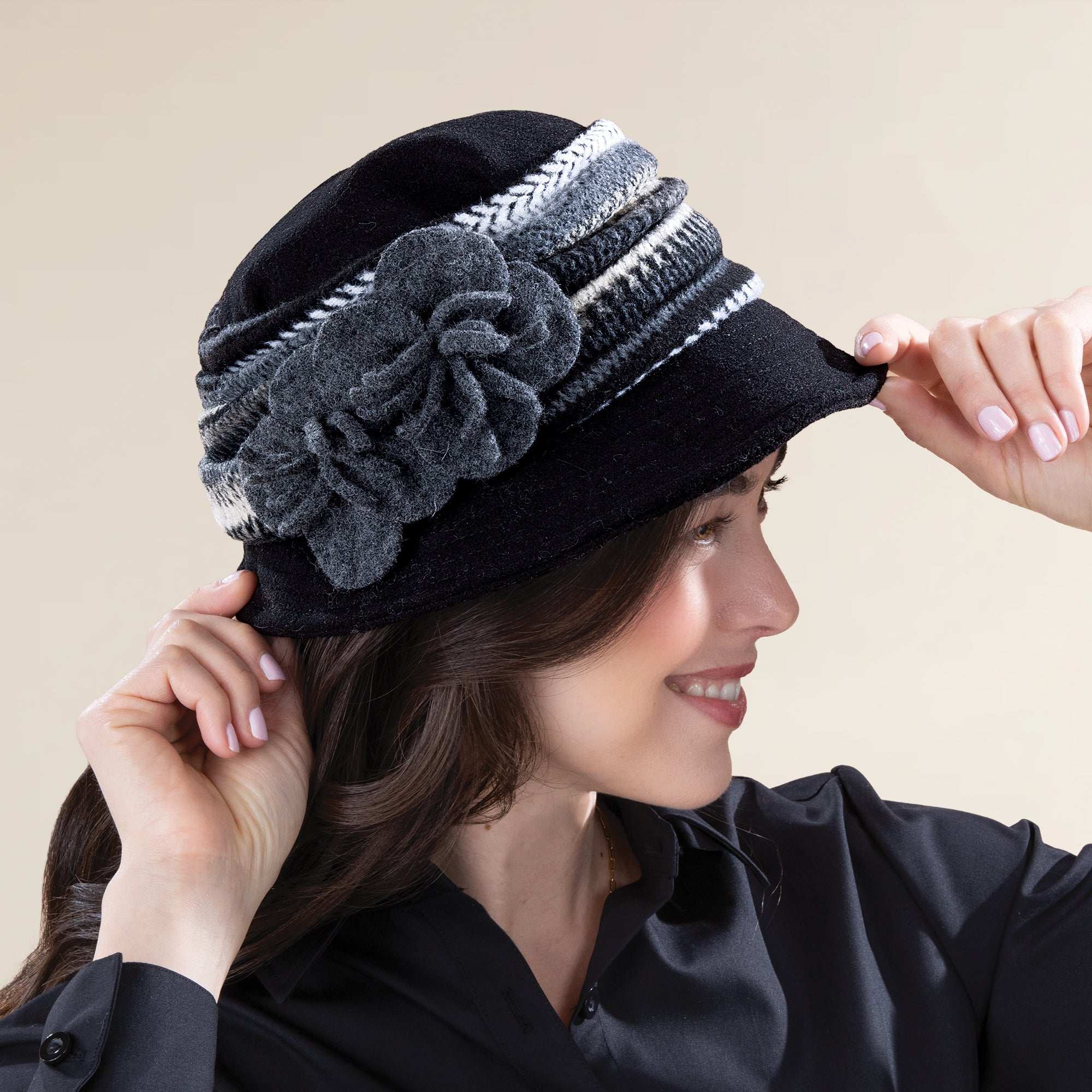 Lottie Black & Grey Twin Blossoms Wool Cloche