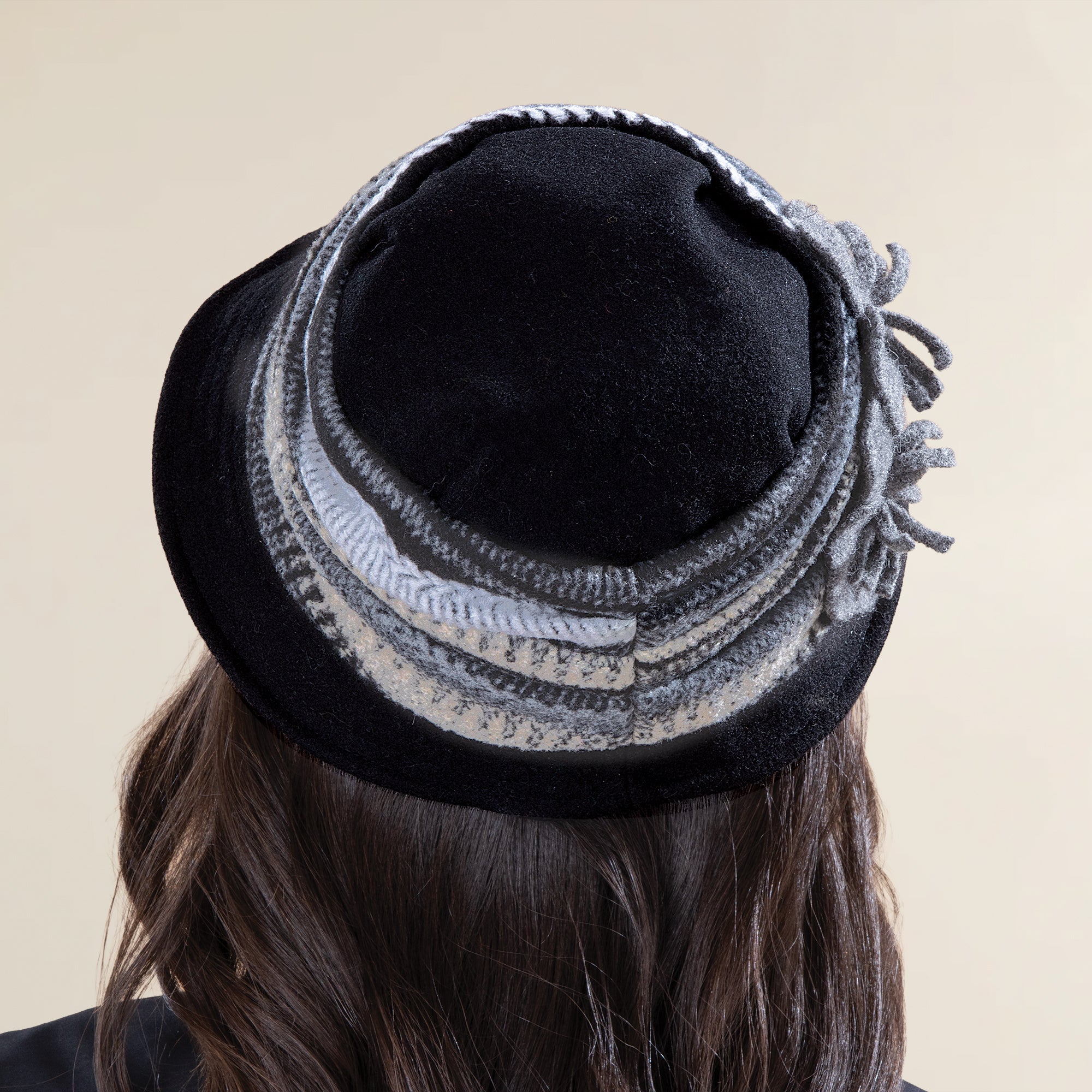Lottie Black & Grey Twin Blossoms Wool Cloche