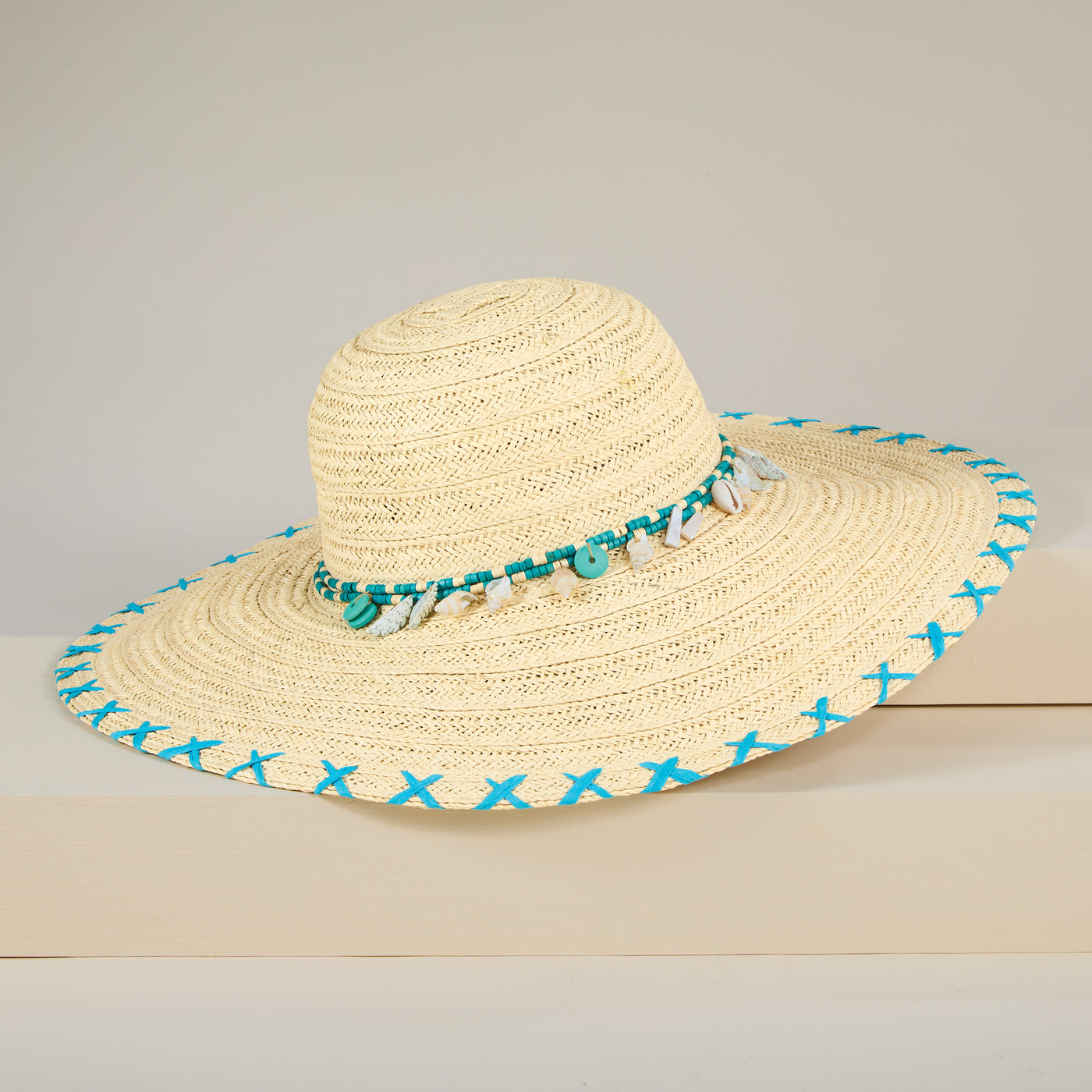 Babs Wide-Brimmed Nautral & Teal Straw Beach Hat (Preorder)