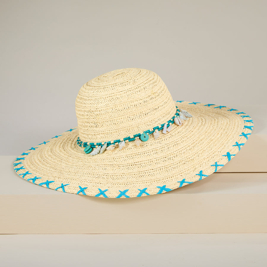 Babs Wide-Brimmed Nautral & Teal Straw Beach Hat (Preorder)
