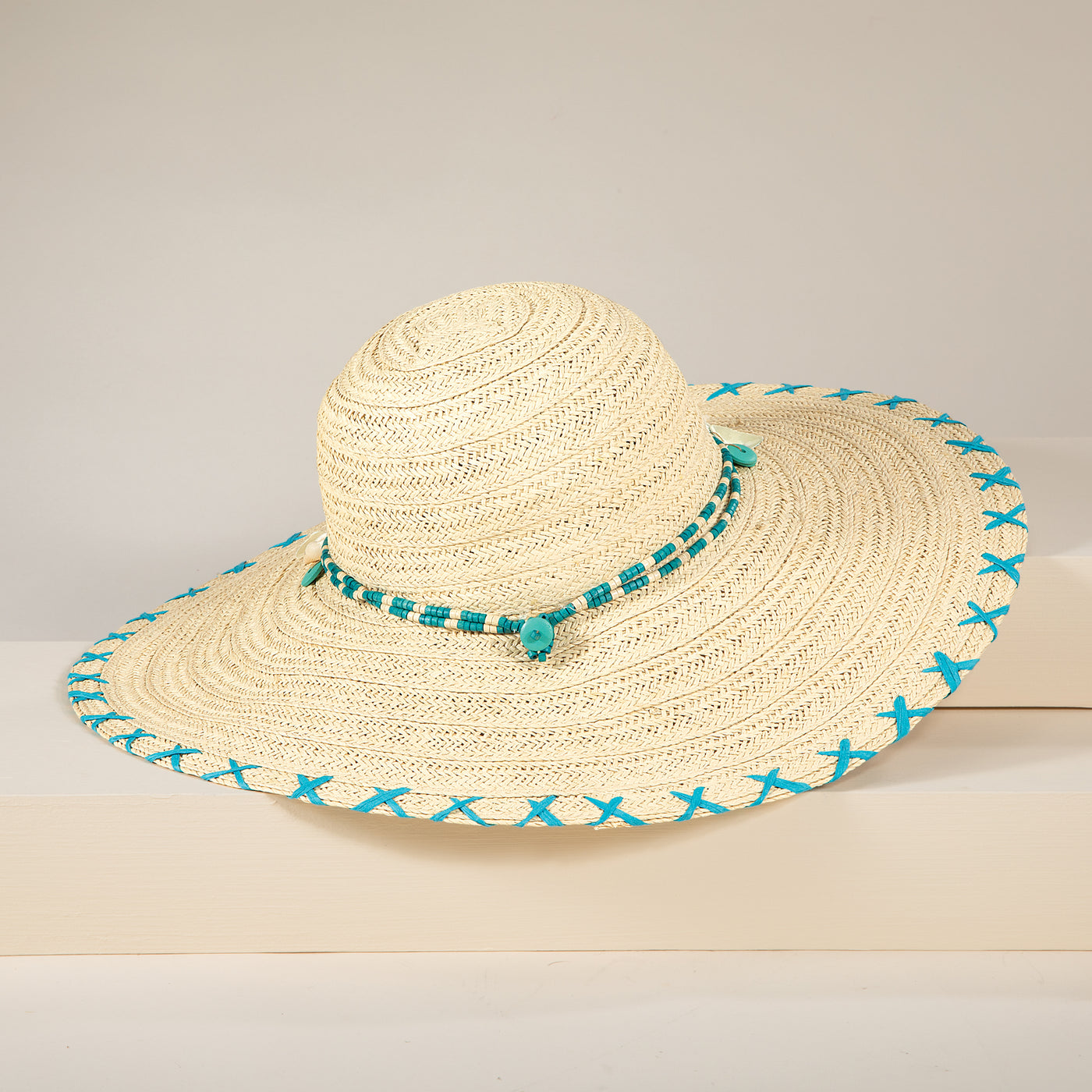 Babs Wide-Brimmed Nautral & Teal Straw Beach Hat (Preorder)