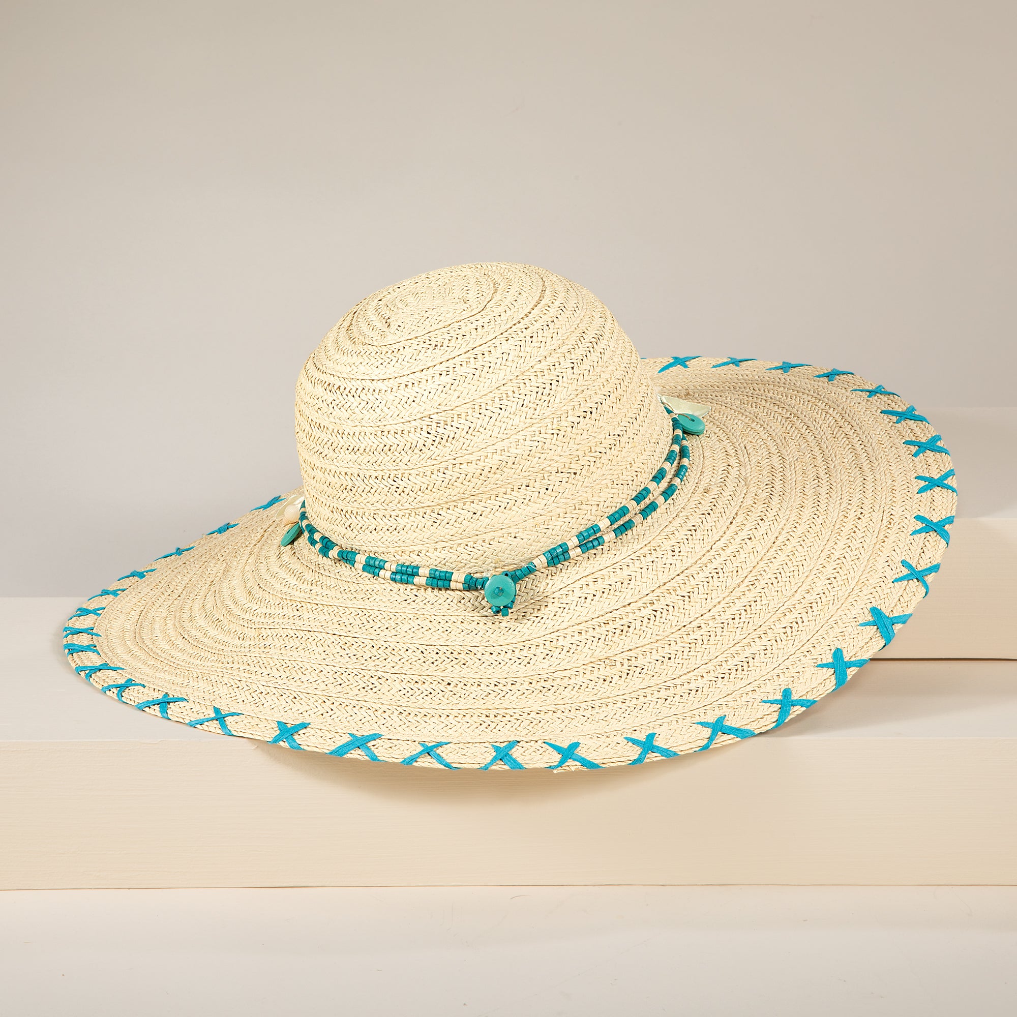 Babs Wide-Brimmed Nautral & Teal Straw Beach Hat (Preorder)