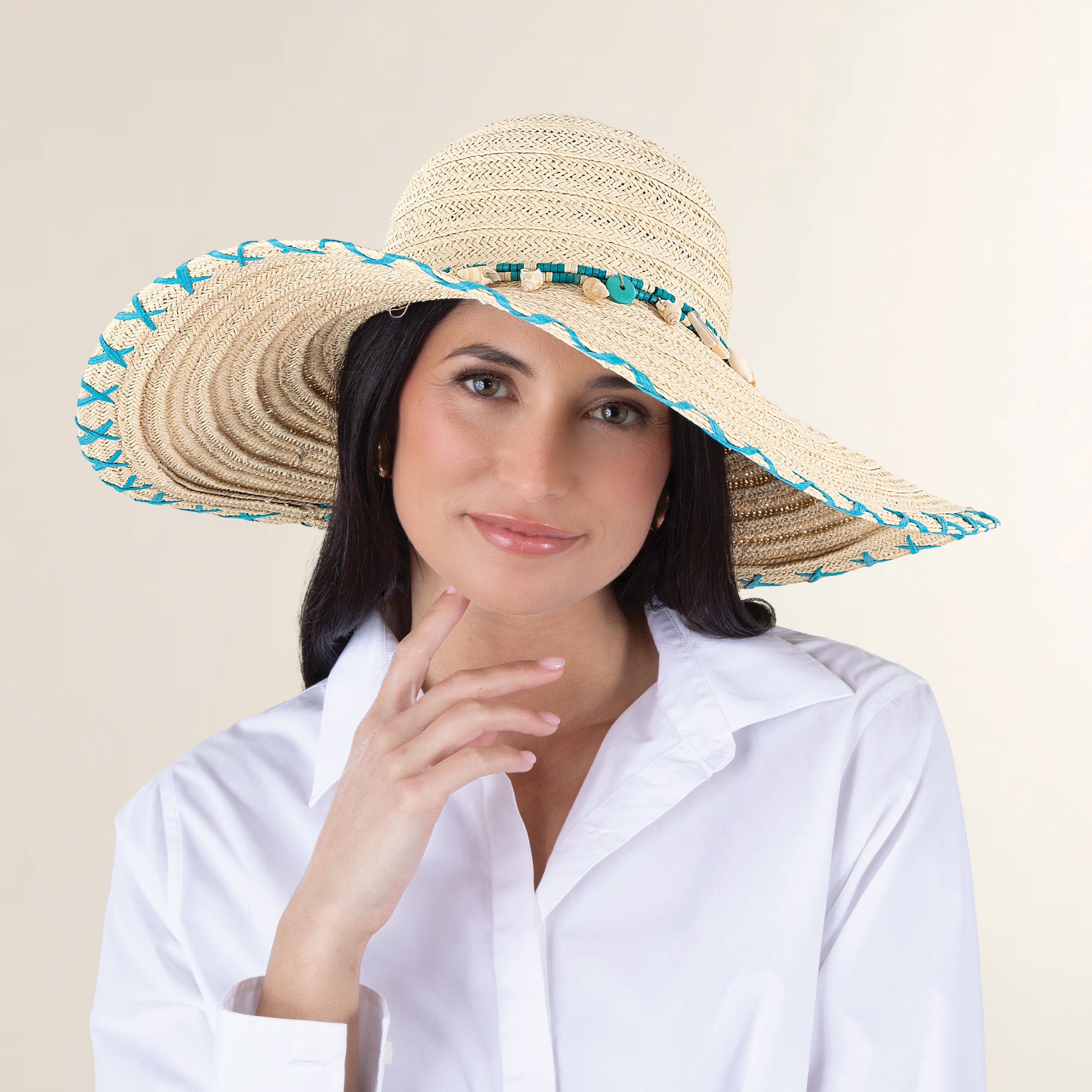 Babs Wide-Brimmed Nautral & Teal Straw Beach Hat (Preorder)