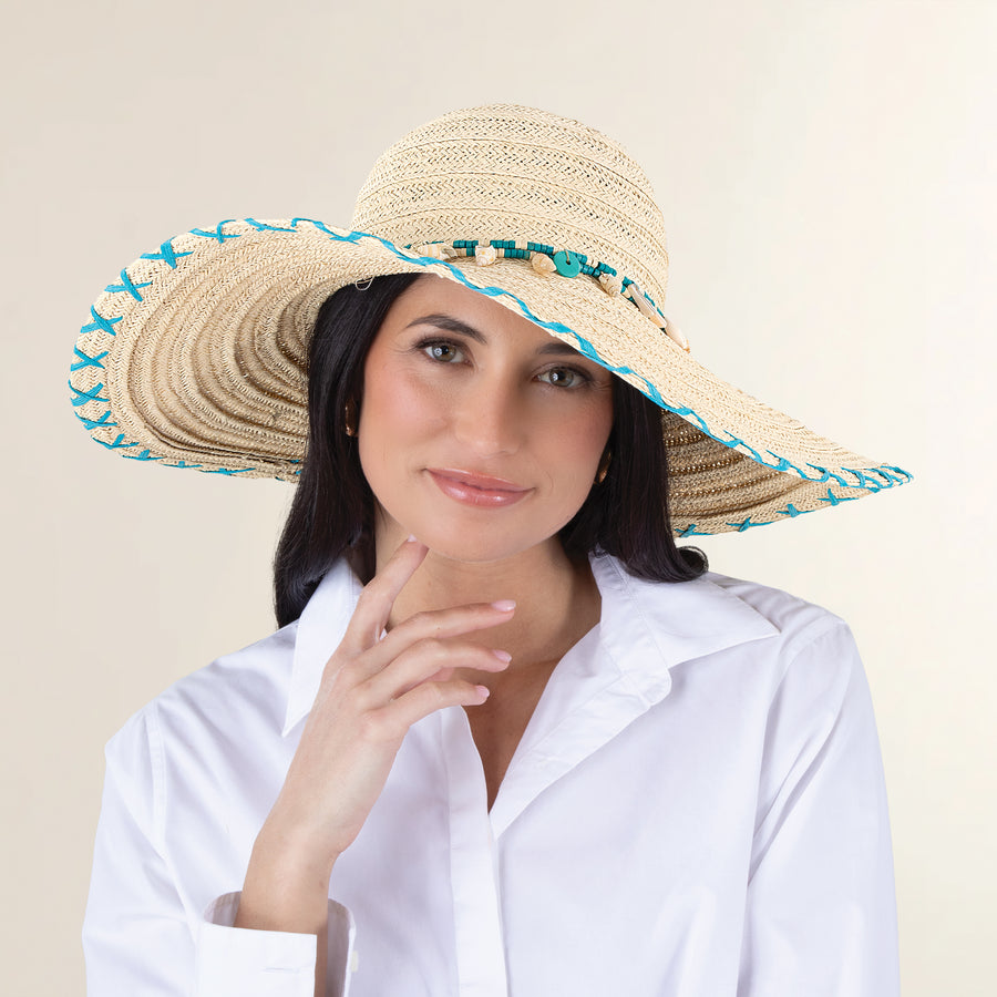 Babs Wide-Brimmed Nautral & Teal Straw Beach Hat (Preorder)