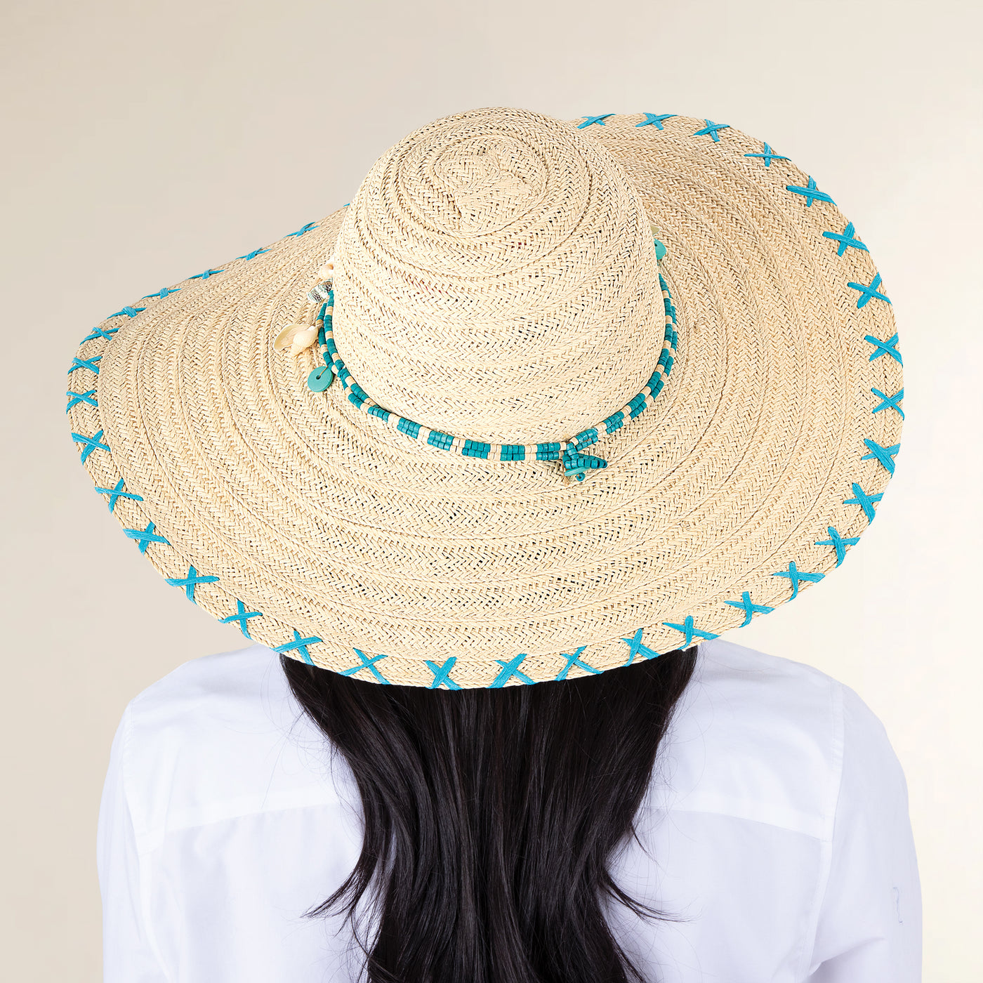 Babs Wide-Brimmed Nautral & Teal Straw Beach Hat (Preorder)