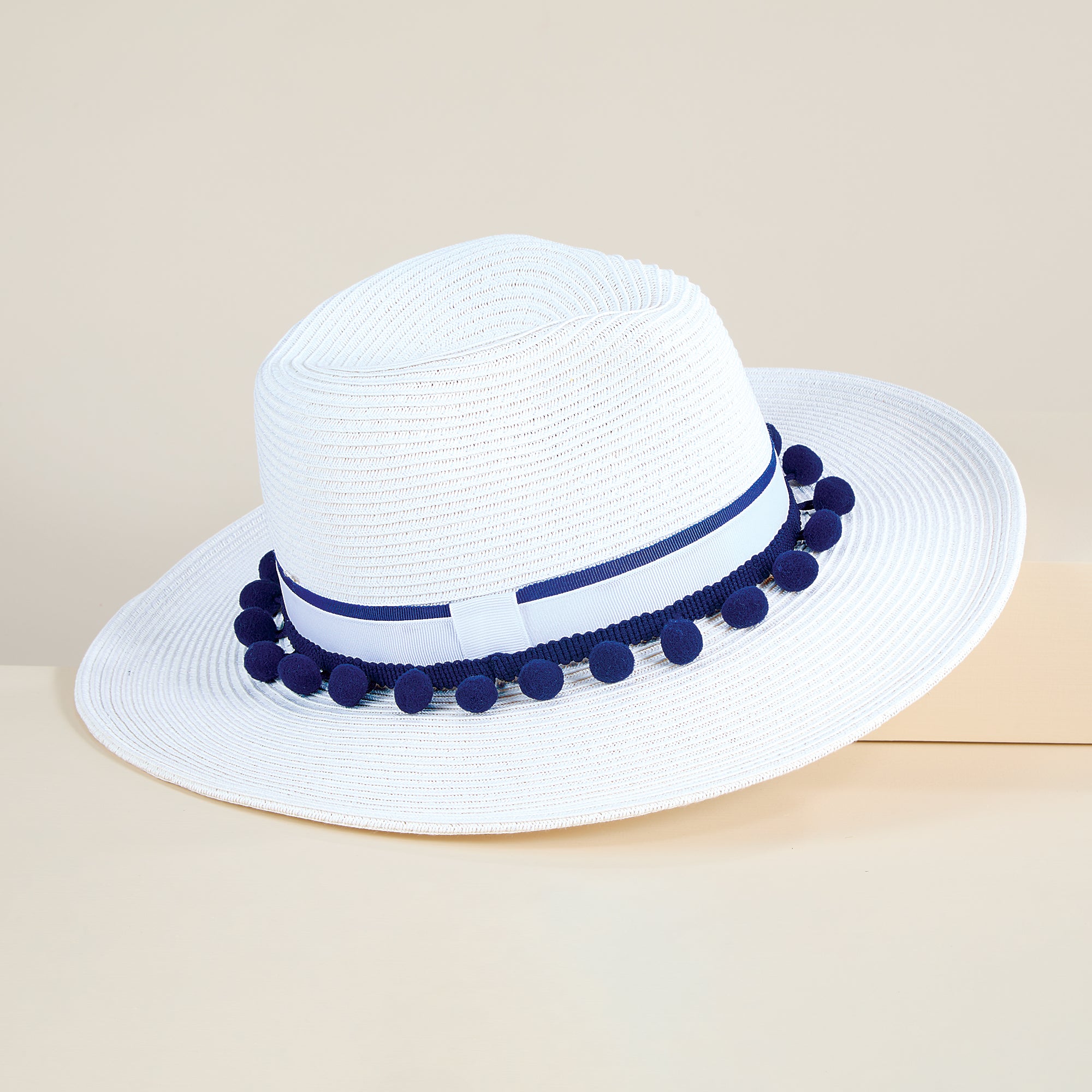 Deliah Two-Toned Pom Pom Straw Fedora