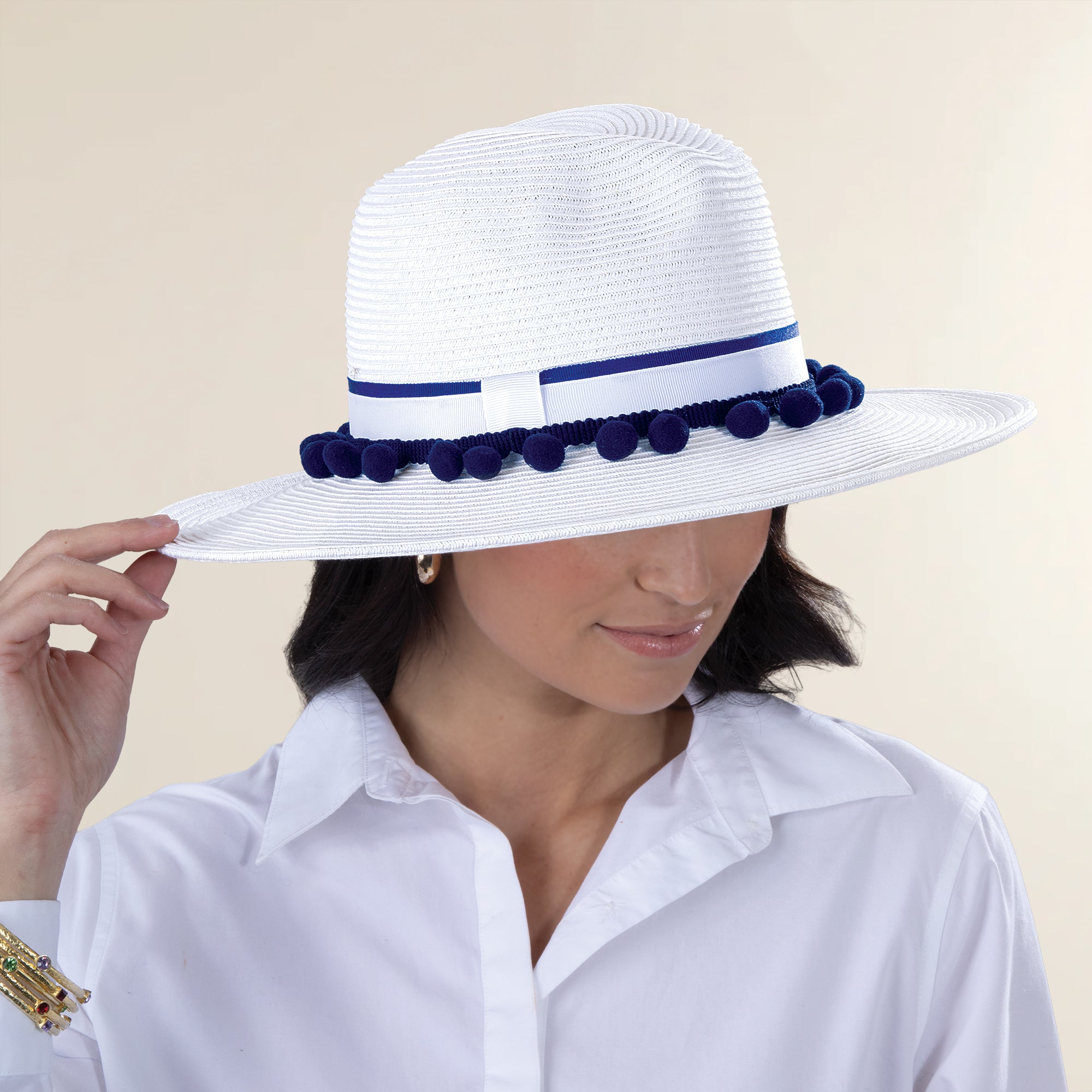 Deliah Two-Toned Pom Pom Straw Fedora