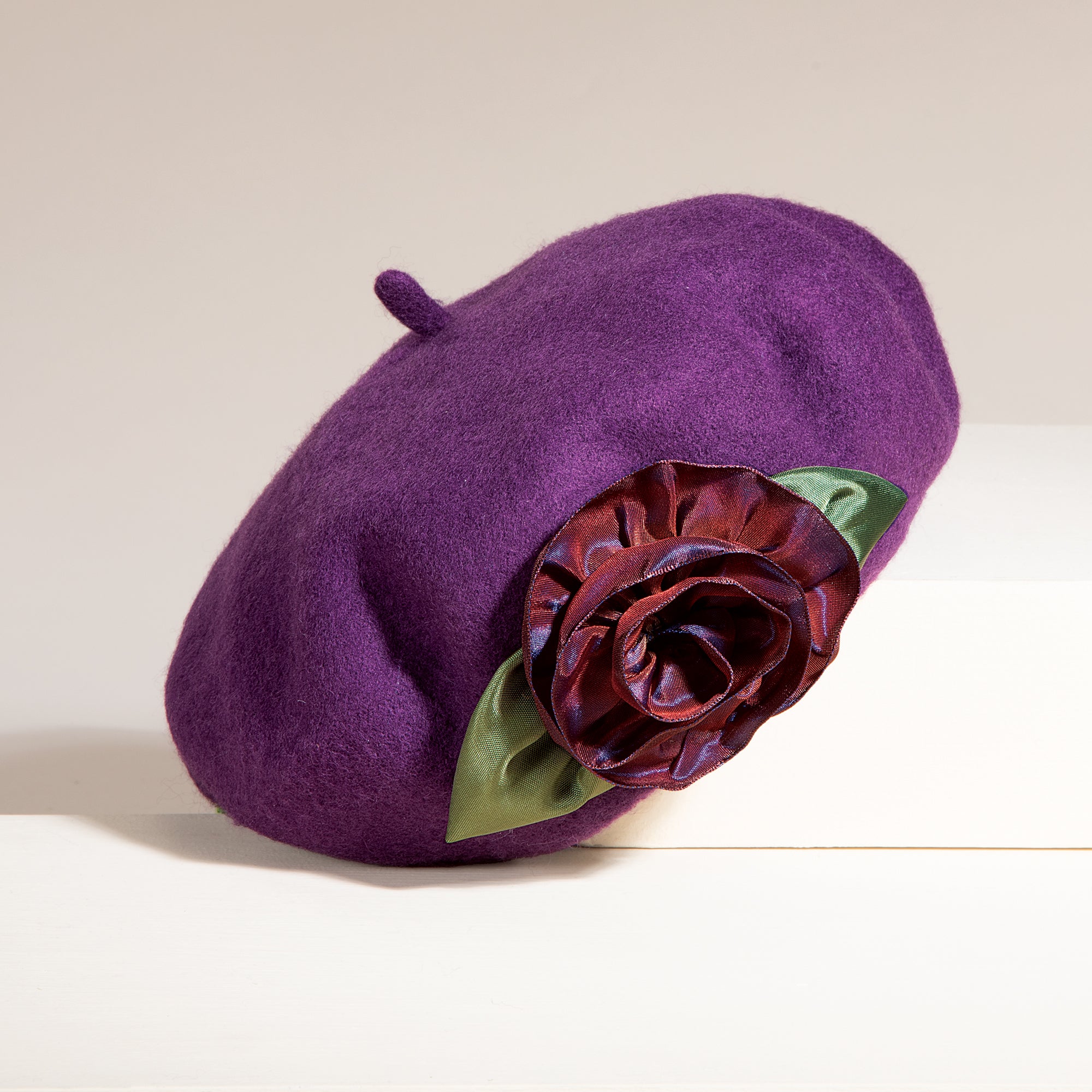 Dawn Plum Silk Rose Wool Beret