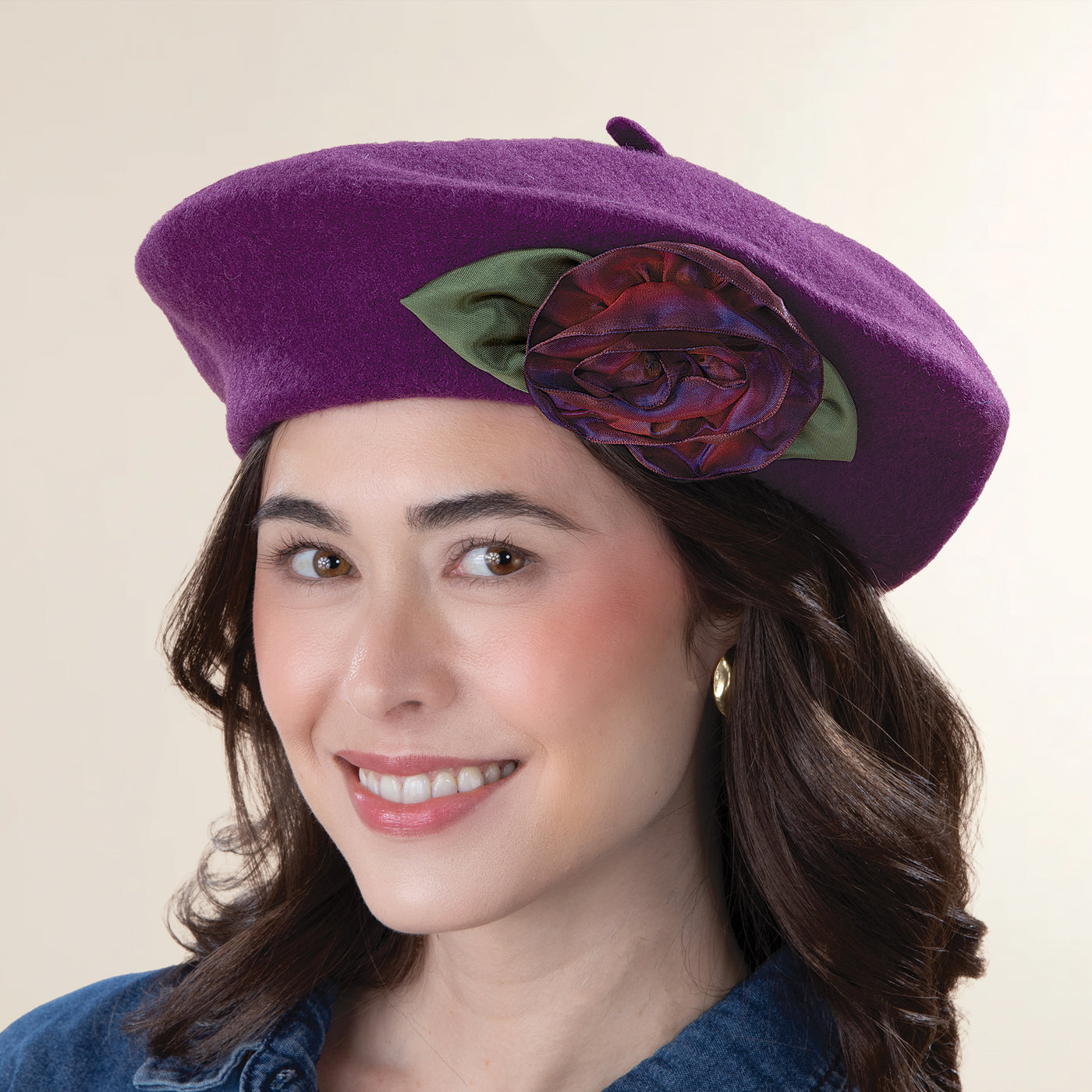 Dawn Plum Silk Rose Wool Beret