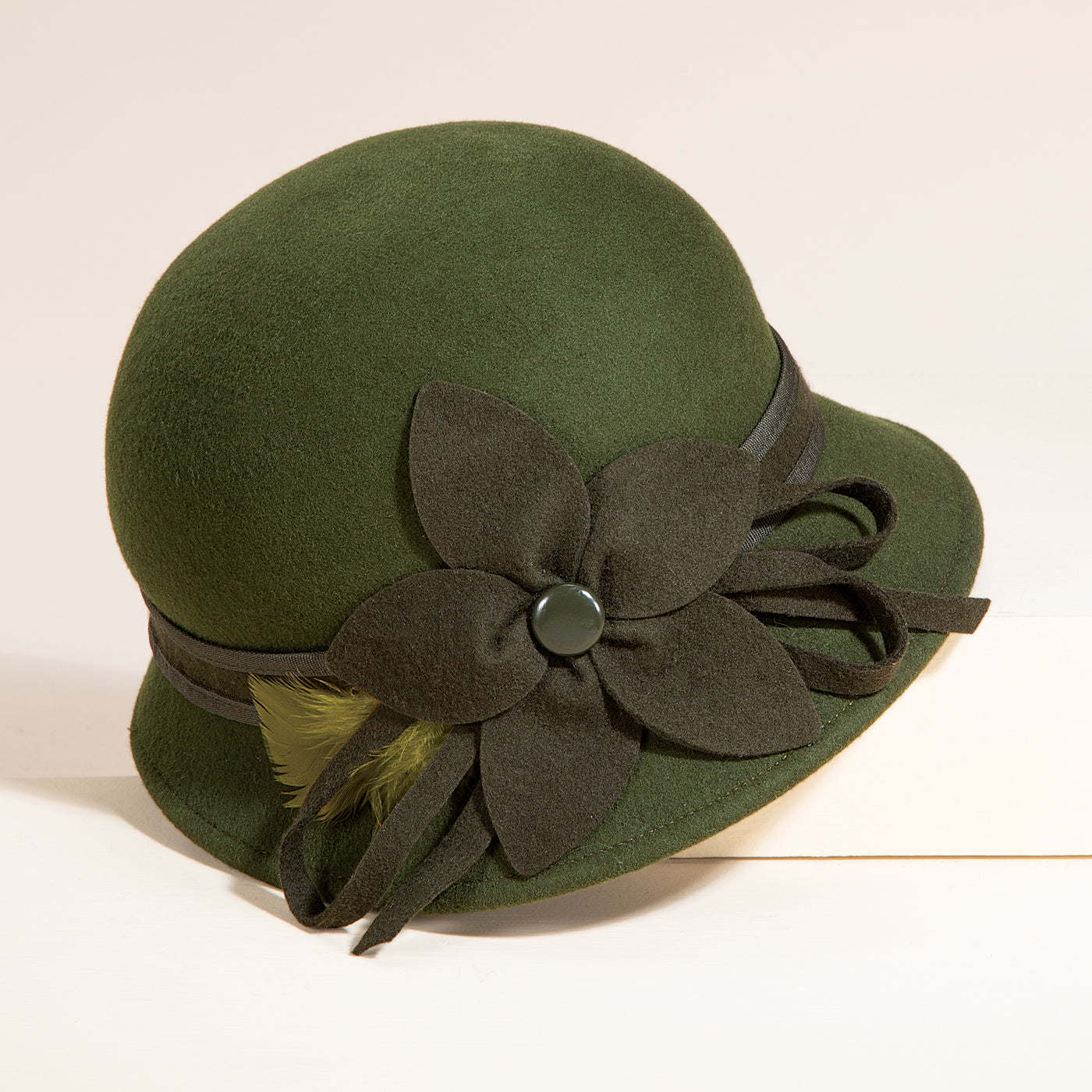 Emmeline Olive Green Floral Wool Cloche (Preorder)