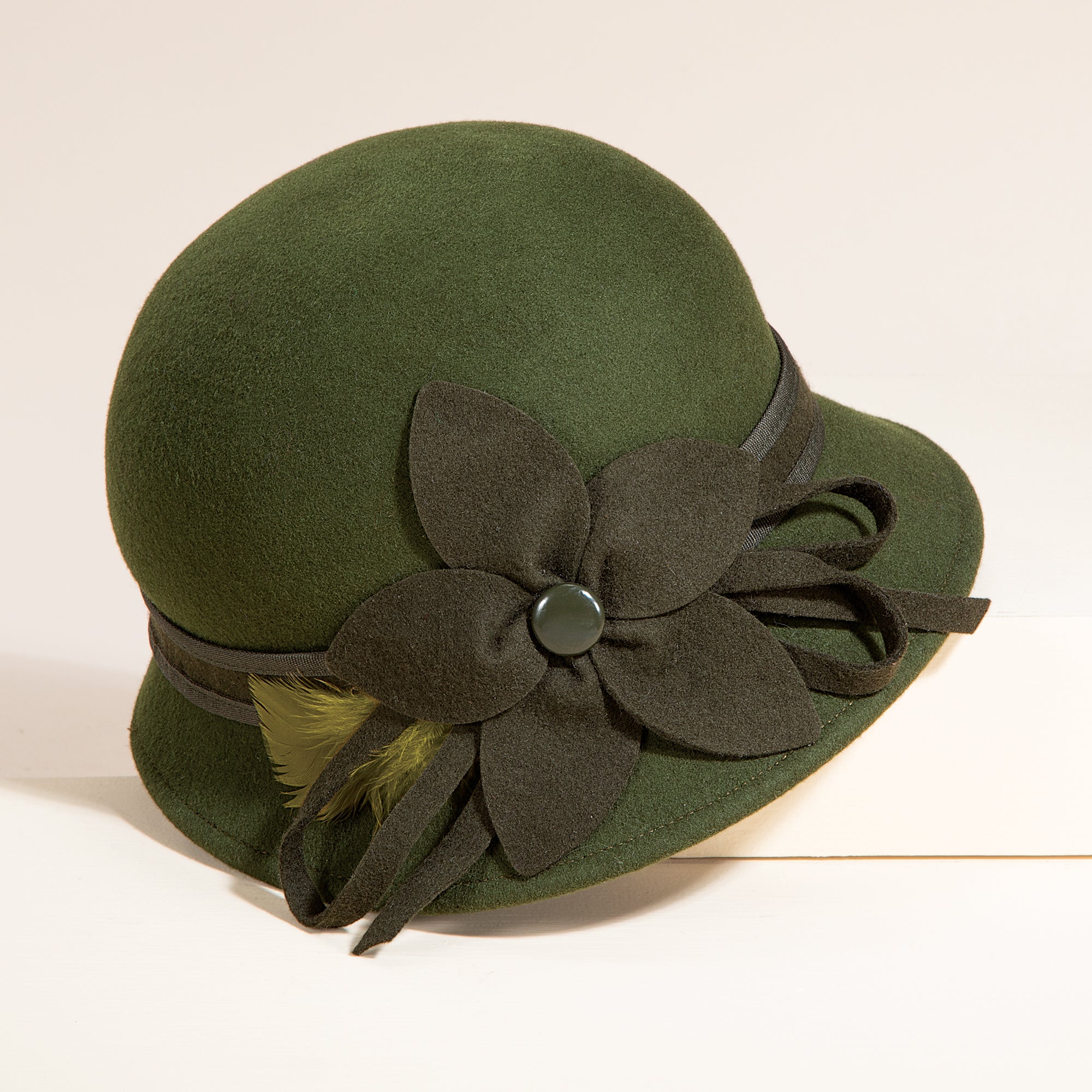 Emmeline Olive Green Floral Wool Cloche (Preorder)